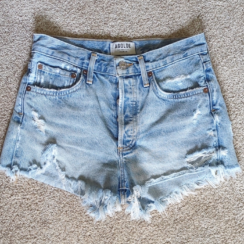 Agolde Blue High-Waisted Jean Shorts Distressed